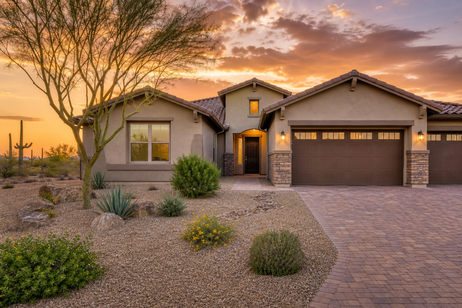 New-construction desert home at sunset in Phoenix's West Valley, representative of the area's architecture